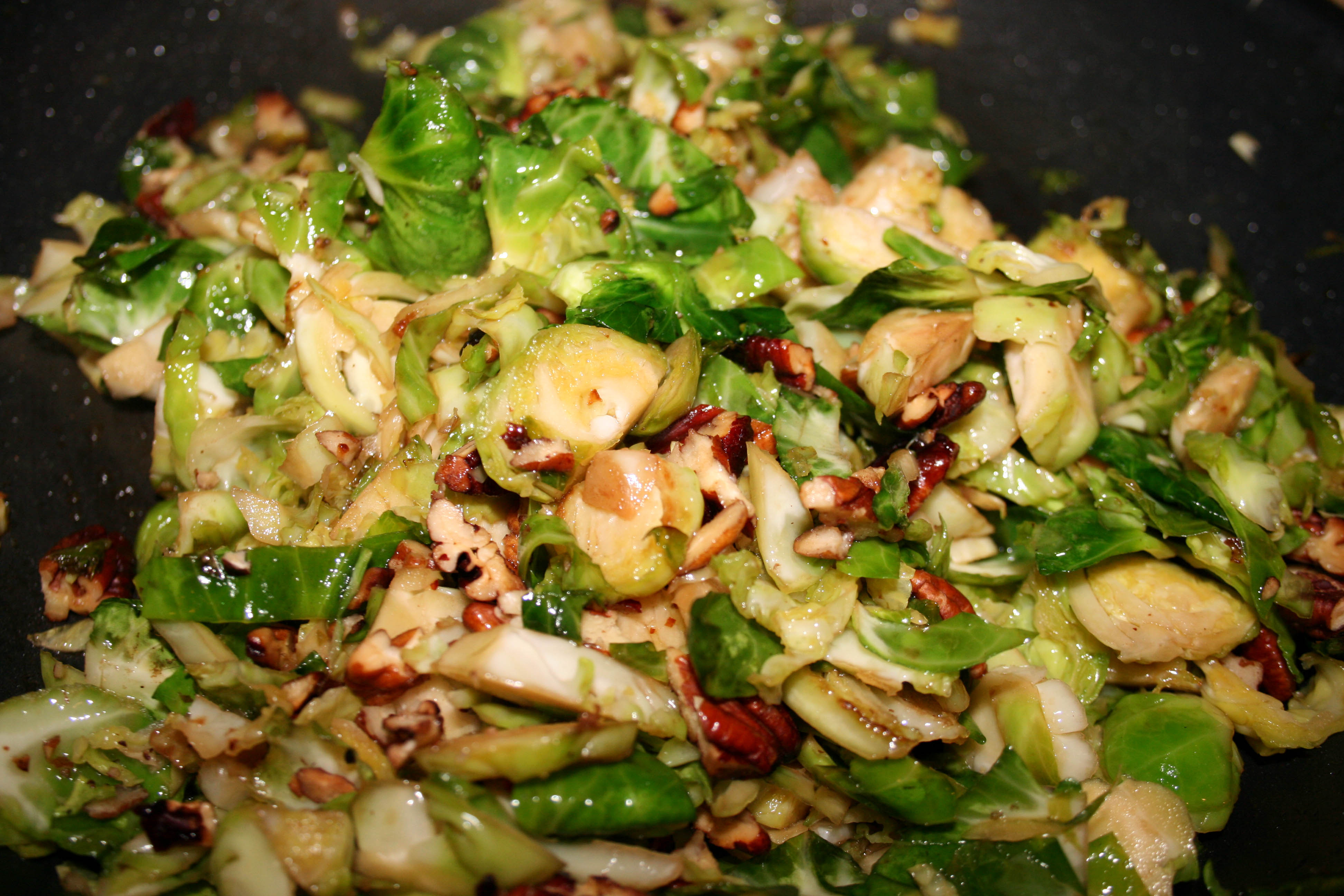 caramelized brussels sprouts with toasted pecans